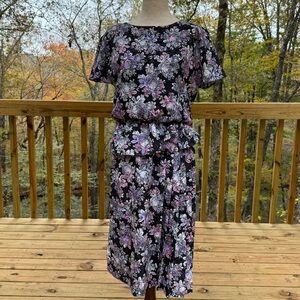 Vintage 80s J.S.J. Floral Peplum Midi Garden Party Dress Medium